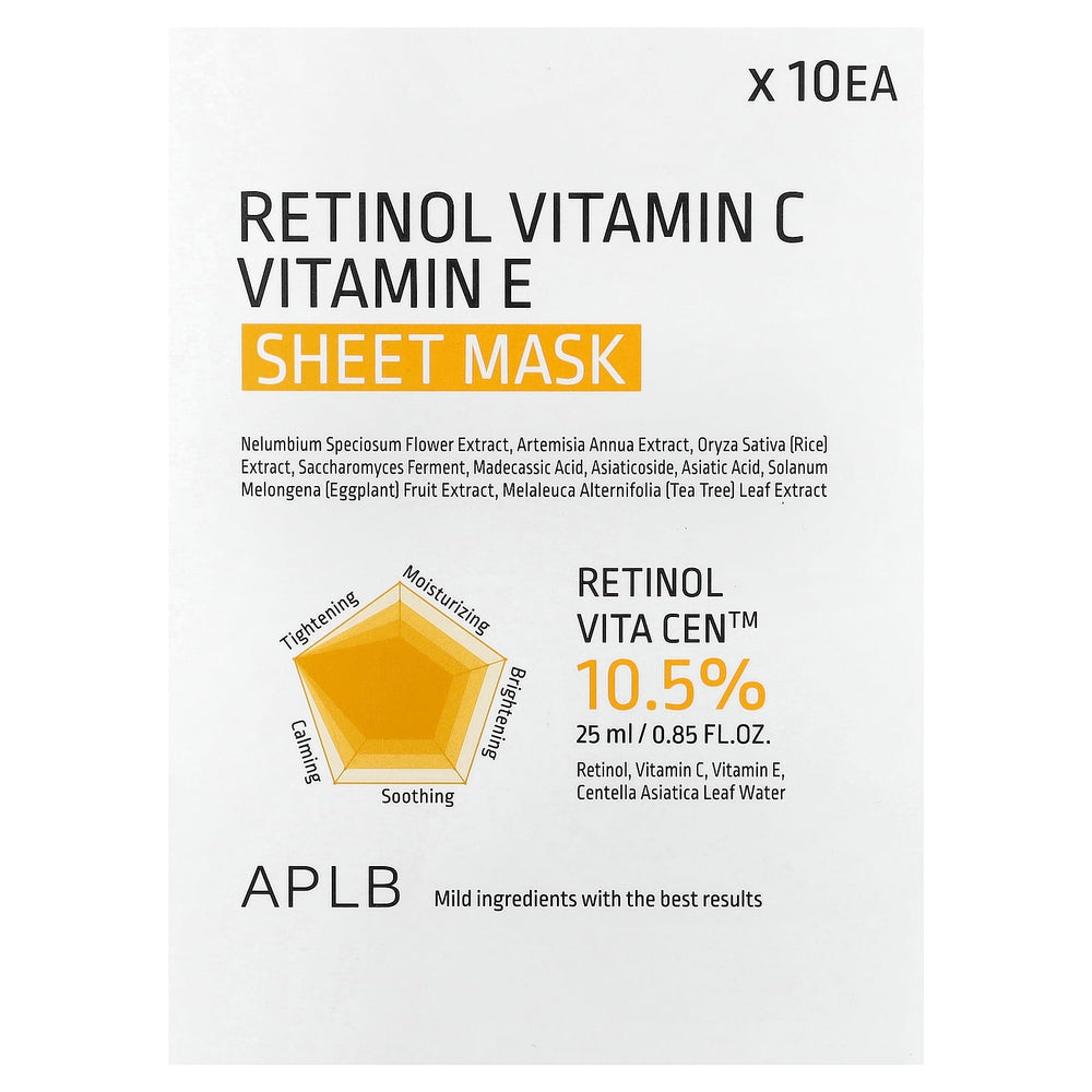 APLB, Retinol Vitamin C, Vitamin E Beauty Sheet Mask, 10 Sheets, 0.85 fl oz Each