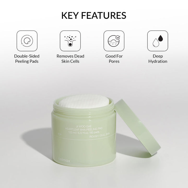Celimax Ji Woo Gae Heartleaf BHA Peeling Pads – 60 Dual‑Sided