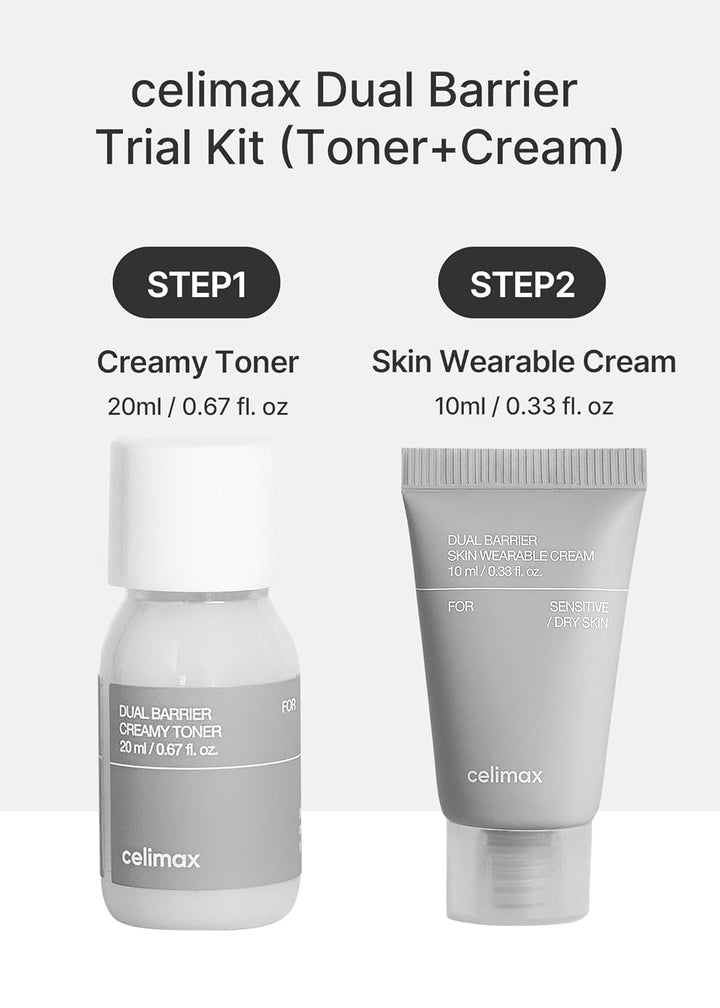 celimax Dual Barrier Trial Kit Travel Size, Gift Set | with Creamy Toner & Skin Wearable Cream, Travel Size, Mini-sized Gift Set, Ceramides, Peptide